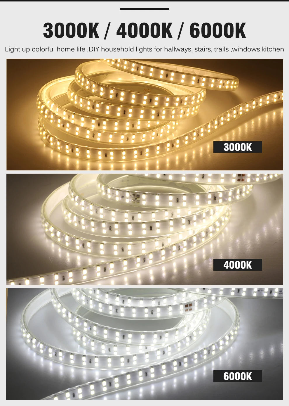 220V LED Strip 2835 High Safety High Brightness 180LEDs/m3000K 4000K 6000K Flexible LED Light Outdoor Waterproof LED Strip Light