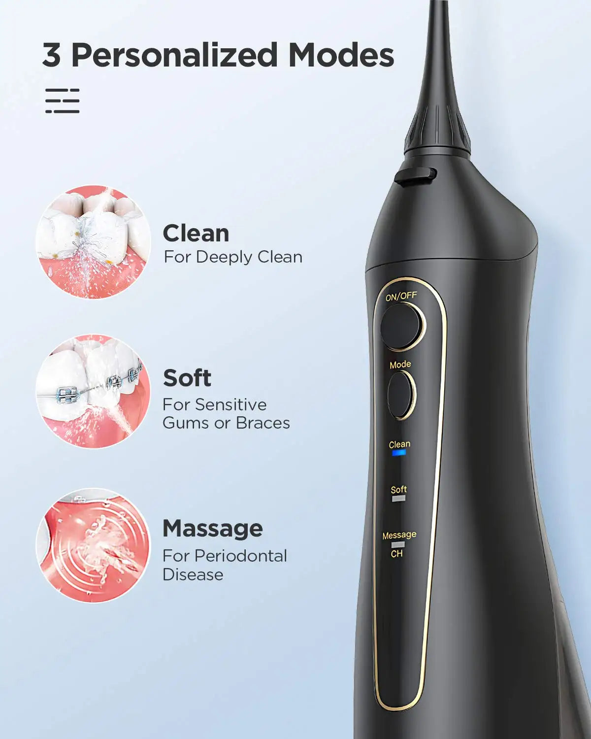 Fairywill Electric Sonic Toothbrush water flosser with 3 personalized modes: Clean, Soft, and Massage.