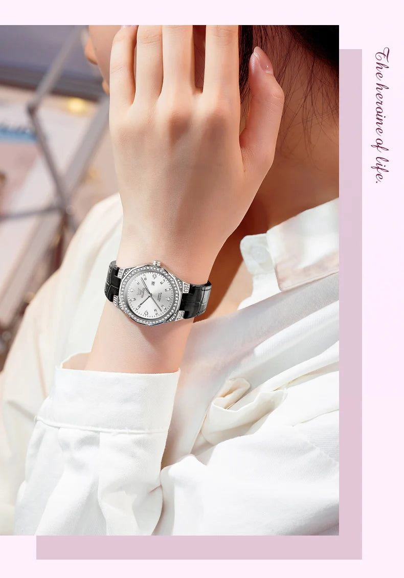 OLEVS Original Women's Watches Diamond Lap Fashion Leather Strap 3m Waterproof Luminous Ladies Wristwatch Quartz Watch for Women