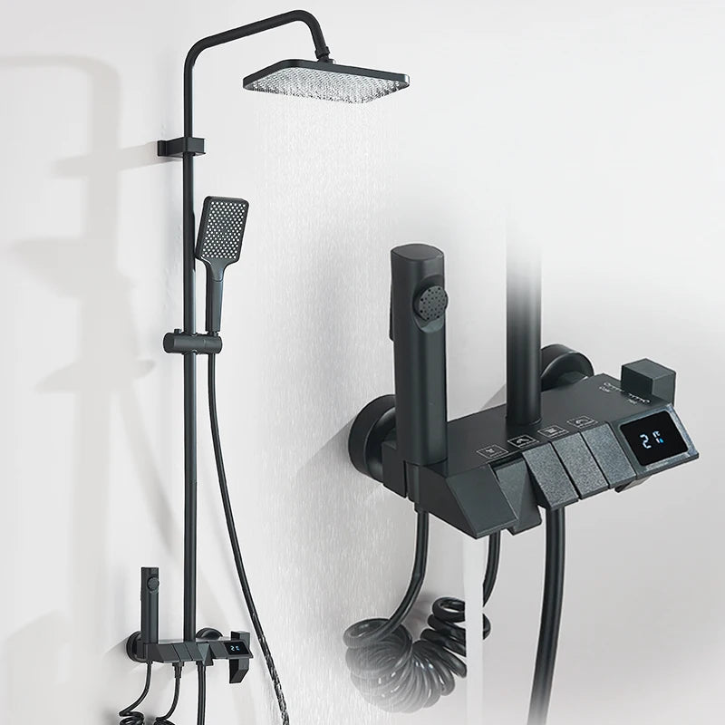 Rozin Black Smart Digital Display Shower Faucet Set Piano Style Rainlfall Bathroom System Grey Digital Mixer Tap Bidet Shower