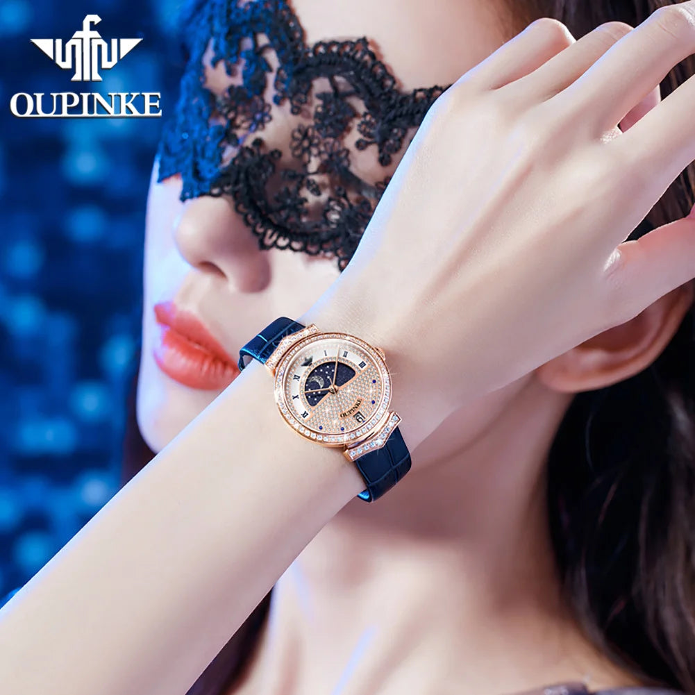 OUPINKE 3216 Woman Watch Waterproof Roman Scale Moon Phase Quartz Watch For Women Luxury Original Diamond Date Ladies Hand Clock