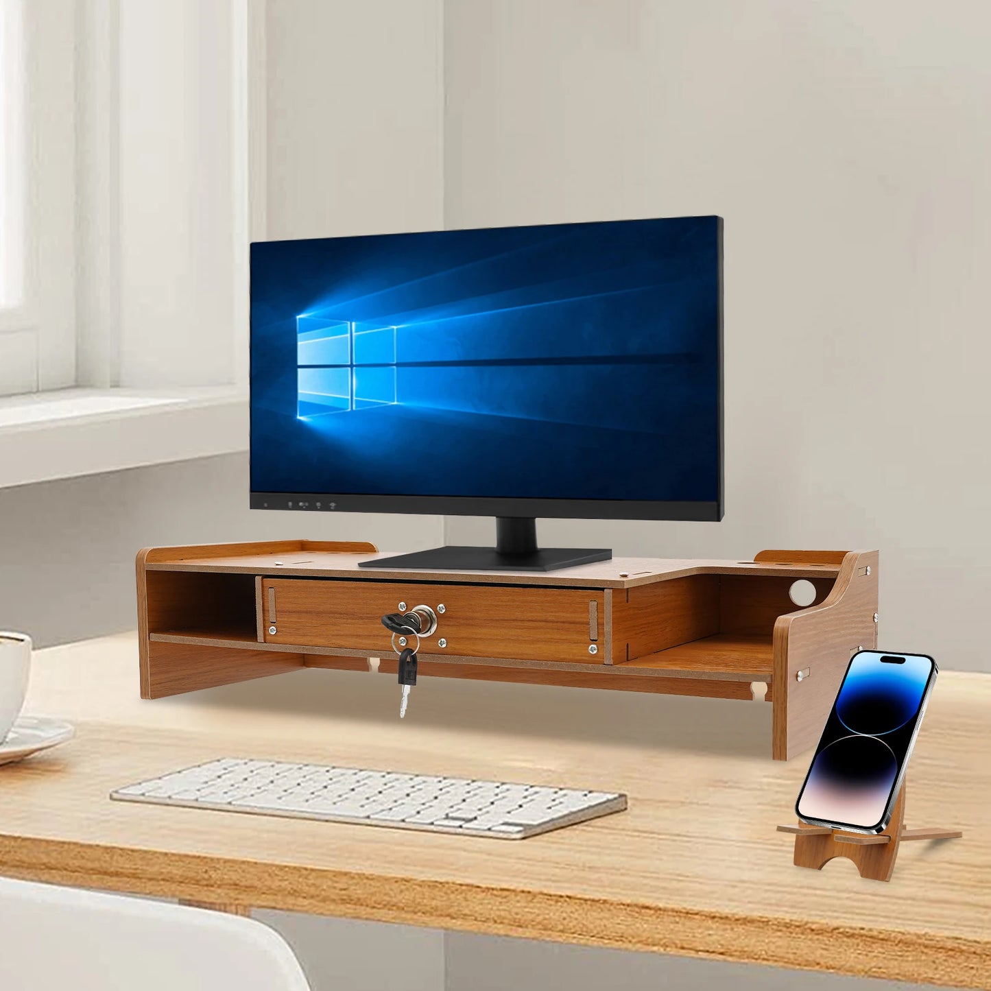 Wooden Desk Organizer W/ Drawer File Storage Desk Monitor Riser Computer Stand