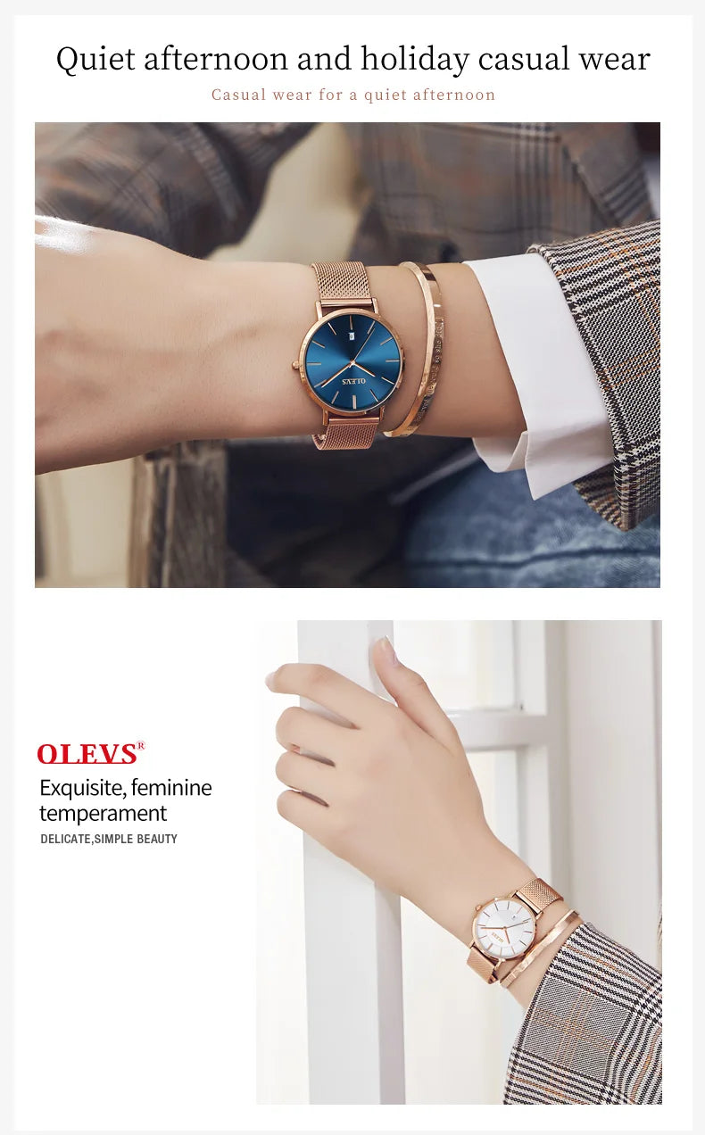 OLEVS Watch Women Rose Gold Top Brand Luxury JAPAN Movement Quartz Ultra Thin Ladies Watch Calendar Date Necklace Watch Set