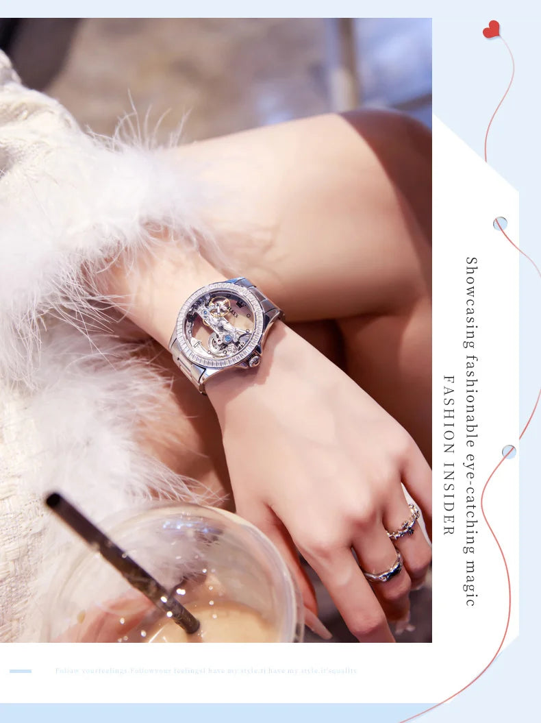 OLEVS 6699 Fully Hollowed Mechanical Watch for Women Luxury Elegant Diamond Bezel Ladies Wristwatch Top Automatic Women's Watch