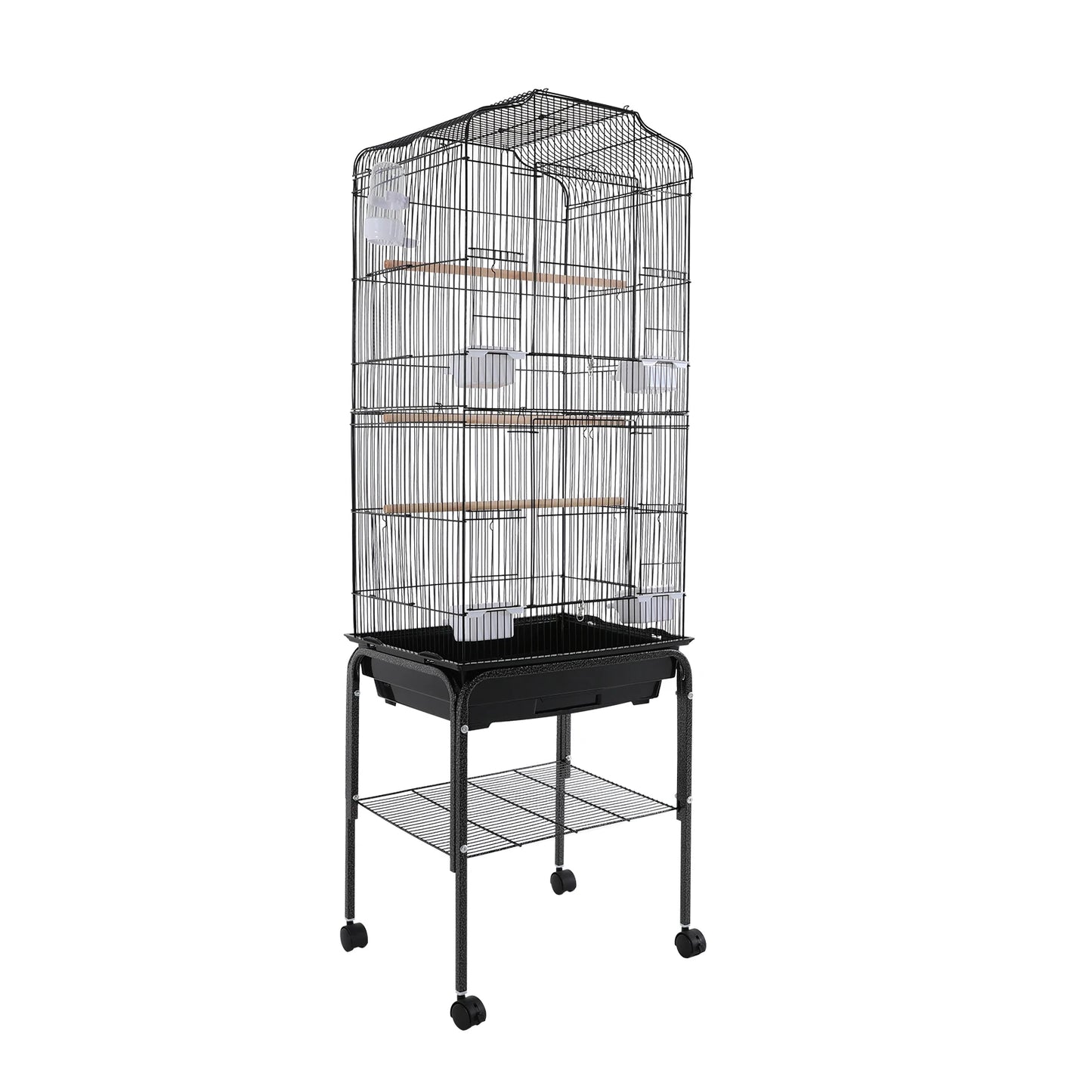 Large Bird Cage with Stand & Wheels, 47x37x137cm Flight Cage for Cockatiels Parrots Finches with Lockable Door (White/Black))