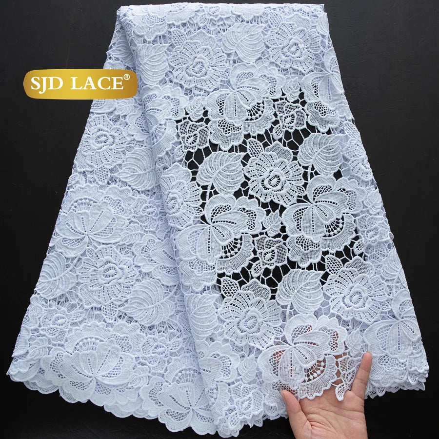 SJD LACE African Sequins Guipure Cord Lace Fabrics 5 Yards White 2026 New Nigerian Water Soluble Lace For Women Dresses Sew 4197