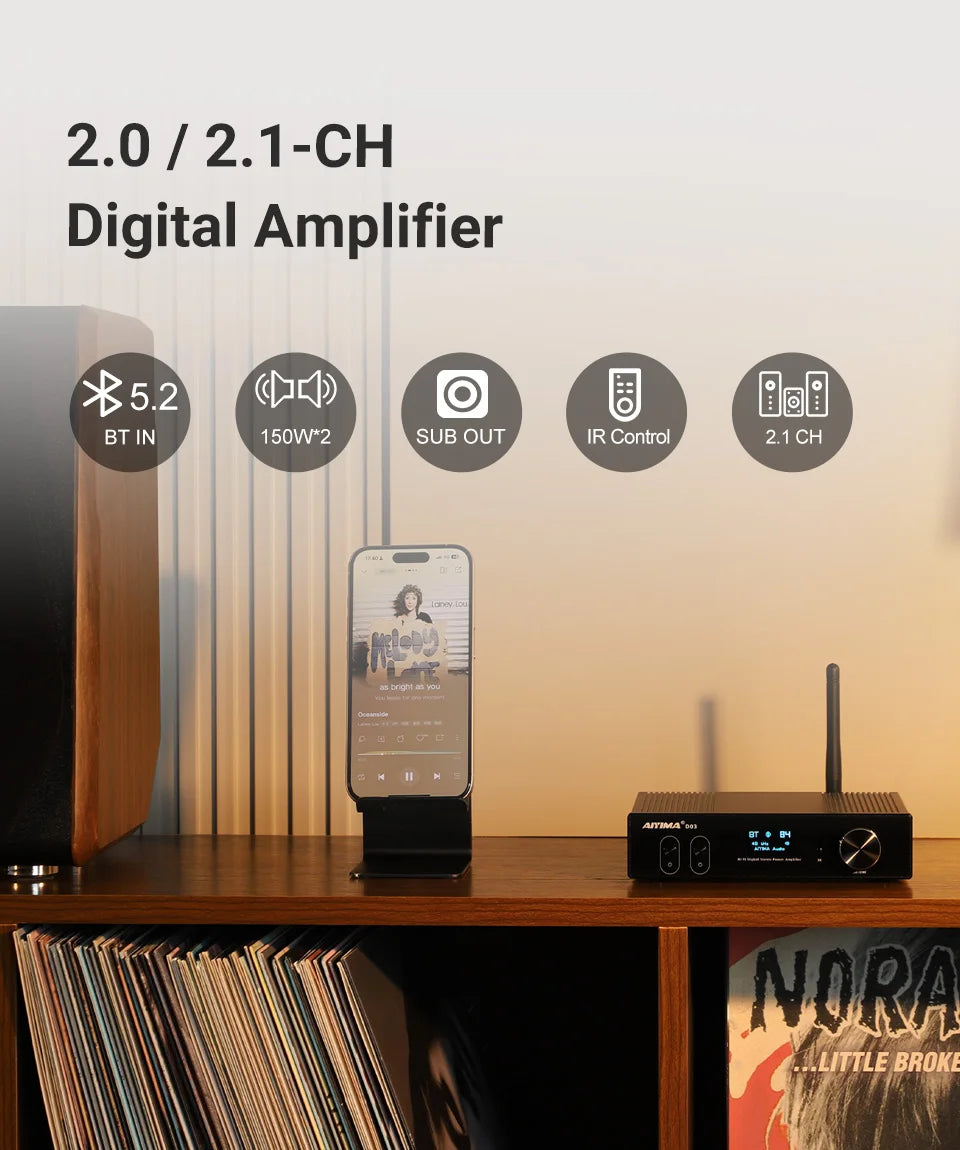 AIYIMA D03 Bluetooth Amplifier 150Wx2 Stereo HiFi Sound Amplificador Subwoofer Amplifiers USB DAC OLED APTX DIY 2.1 Home Audio