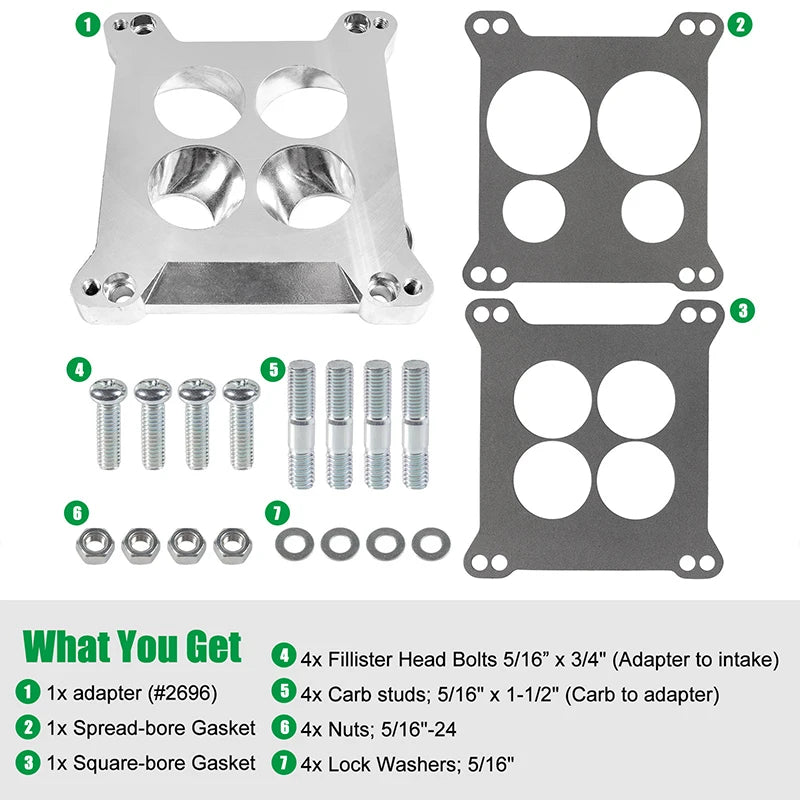 Edelbrock 2696 Carburetor Spacer Four-Hole Square-Bore to Spread-Bore For Quadrajet & Thermo-Quad Manifold Base 0.85in Venturi