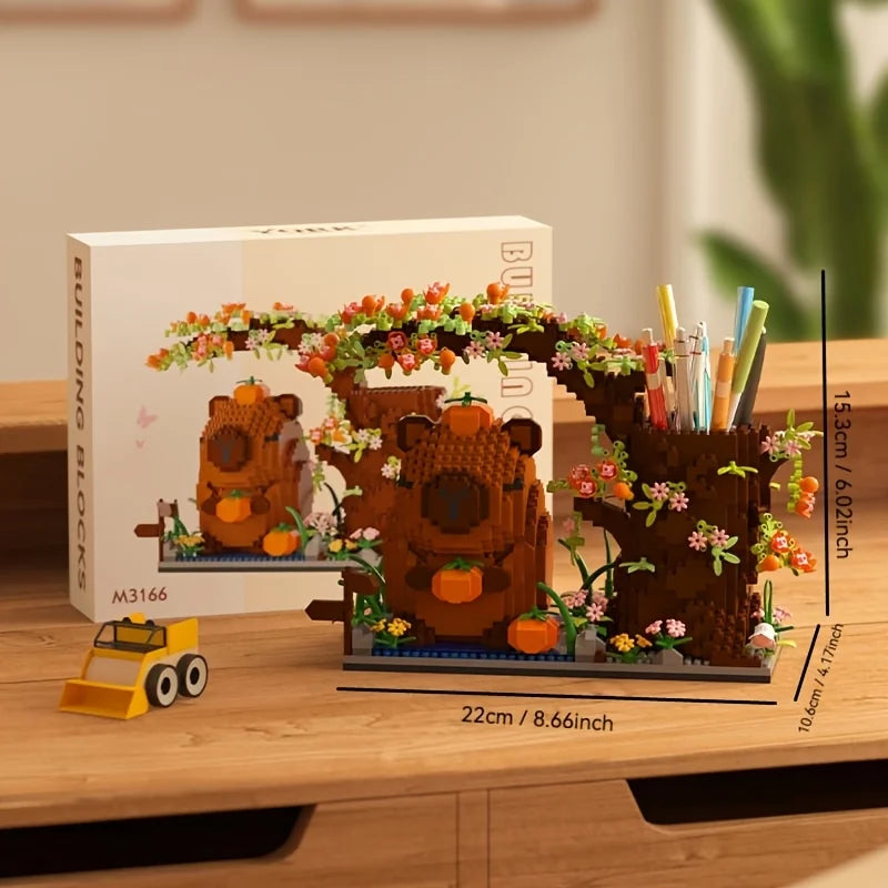 Capybara Building Block Pen Holder Panda Desk Organizer for Office Supplies Cosmetics Birthday Gift Desktop Decoration