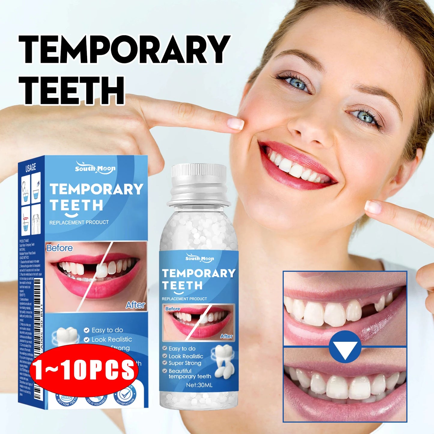Resin Temporary Tooth Repair Granules Teeth Gaps Missing Broken Tooth Filling Moldable Adhesive Dentures False Teeth Tools