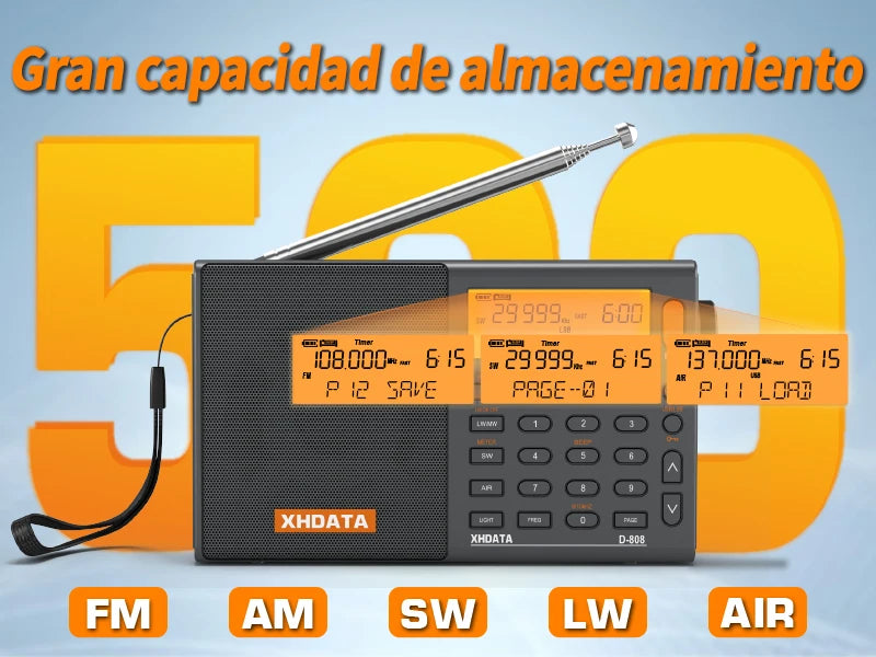 XHDATA D808 Professional AM FM SW MW AIR SSB RDS Radio Long Range Reception Portable Rechargeable Multiband Radio Stereo Sound