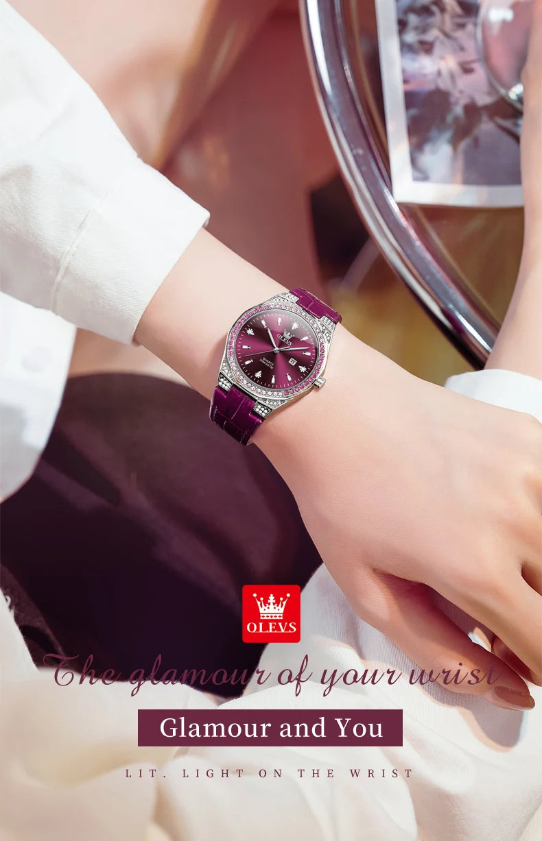 OLEVS Original Women's Watches Diamond Lap Fashion Leather Strap 3m Waterproof Luminous Ladies Wristwatch Quartz Watch for Women