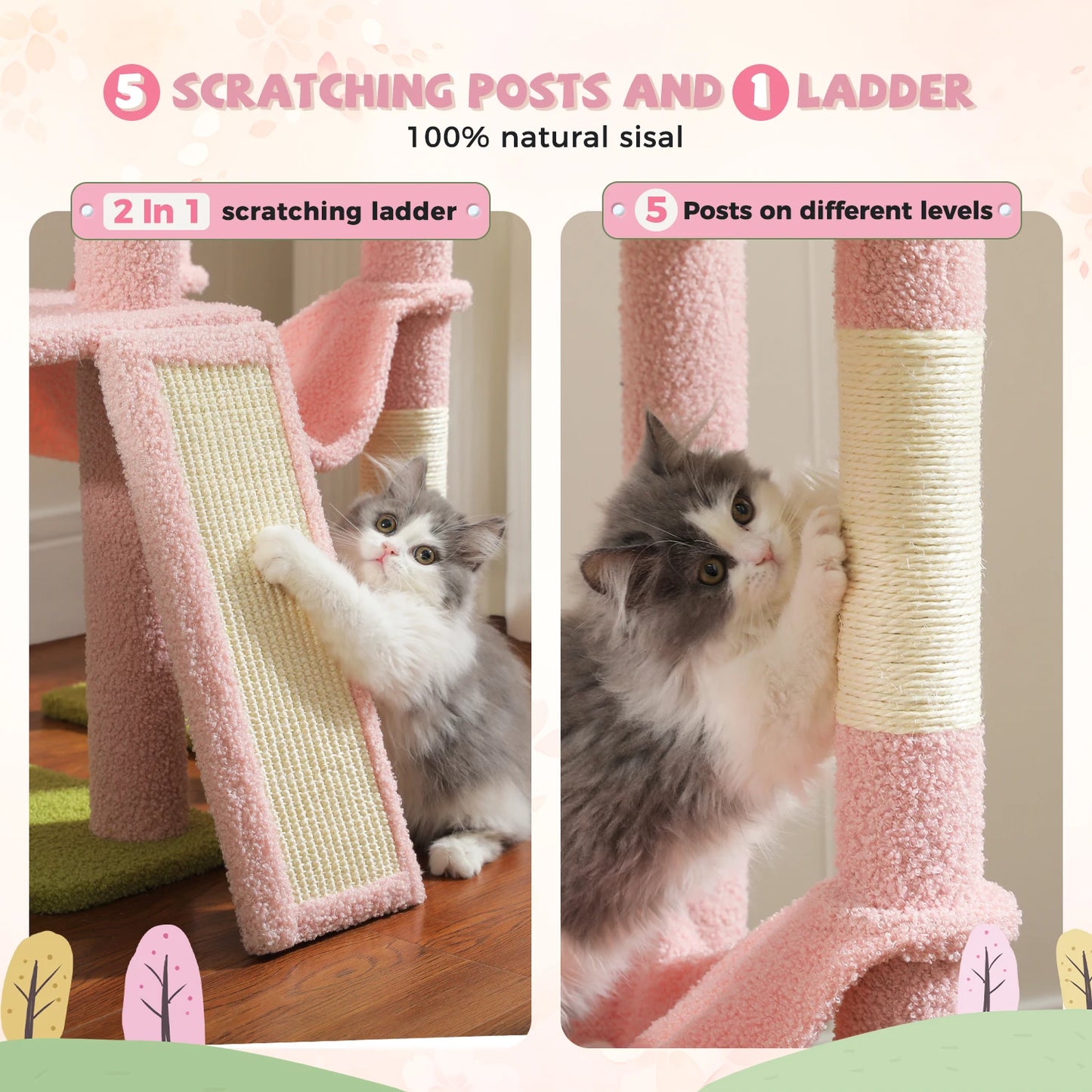 Cactus Cat Tree Floor to Ceiling Cat Tower 7 Tiers Cat Climbing Tree with Cozy Hammocks and Condos 5 Platforms Scratching Posts