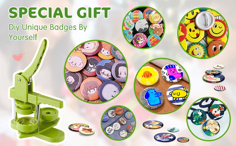 Badge Pin Button Maker Machine DIY 25/32/37/44/58MM Badges Set with 100Pcs Button Parts+Circle Cutter, Badge Press Maker Machine