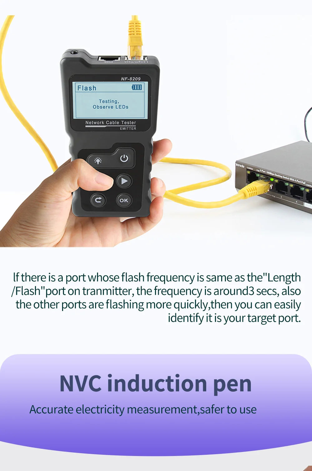 NOYAFA LCD Display Measure Length Tracker NF-8209 Cable POE Wire Checker Test Network Tool Scan Cable Wiremap Tester