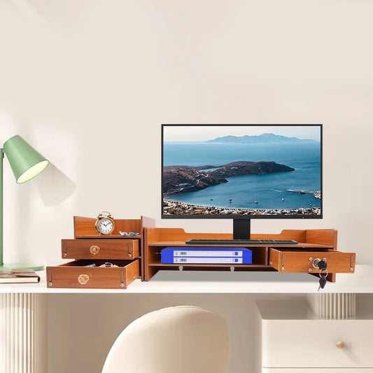 Wooden Desk Organizer W/ Drawer File Storage Desk Monitor Riser Computer Stand