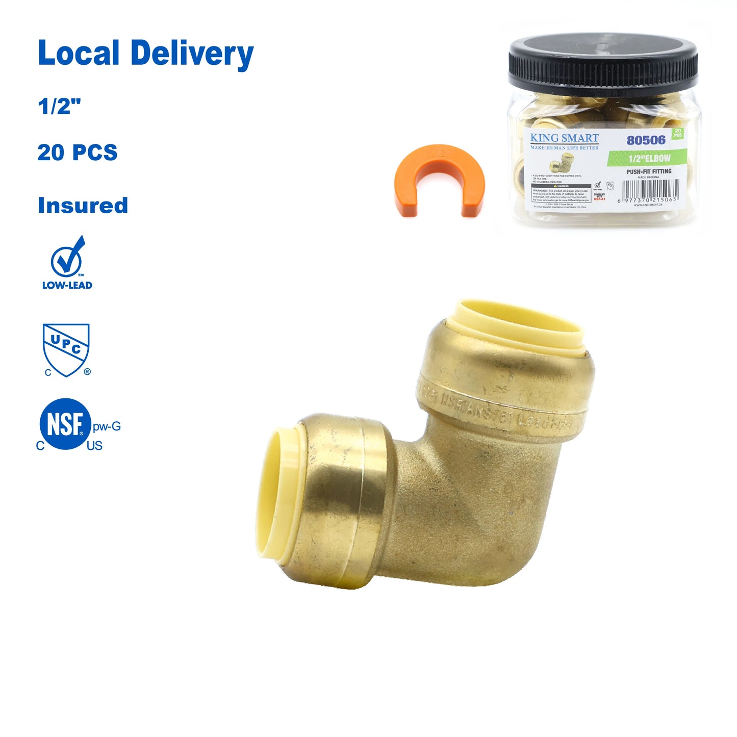 KING SMART 1/2" Push Fit Fitting Elbow; 20Pcs/Case; 80506