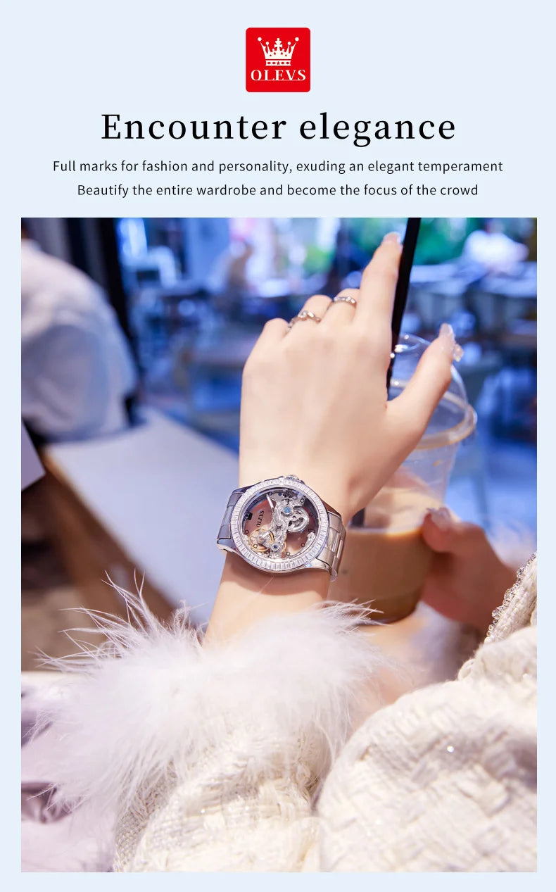 OLEVS 6699 Automatic Mechanical Women's Watch Transparent 40mm Big Dial Design Bracelet Watch Set Gift Luxury Watch for Women