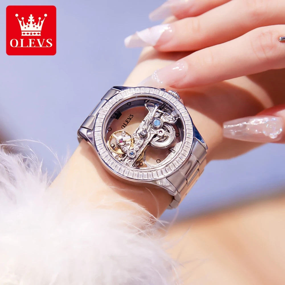 OLEVS 6699 Fully Hollowed Mechanical Watch for Women Luxury Elegant Diamond Bezel Ladies Wristwatch Top Automatic Women's Watch