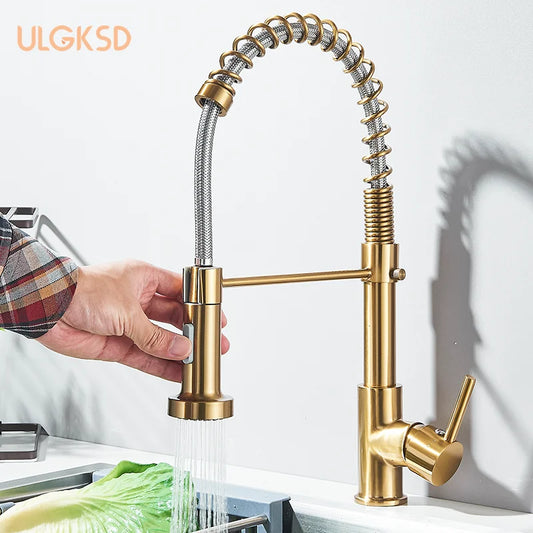 Golden Kitchen Faucet Pull Down Sprayer Nozzle Hot Cold Water Mixer Tap Single Handle Brass Para Kitchen Sink Taps Crane