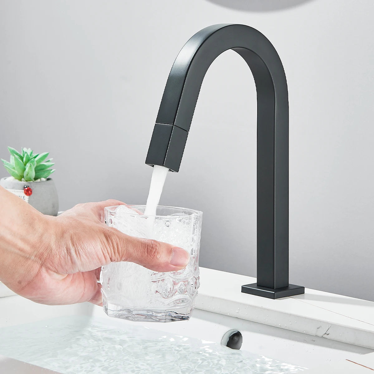 FMHJFISD Basin Sink Faucet Black/Chrome Deck Mount Single Cold Water Mixer Tap Single Hole Rotary Switch Bathroom Crane
