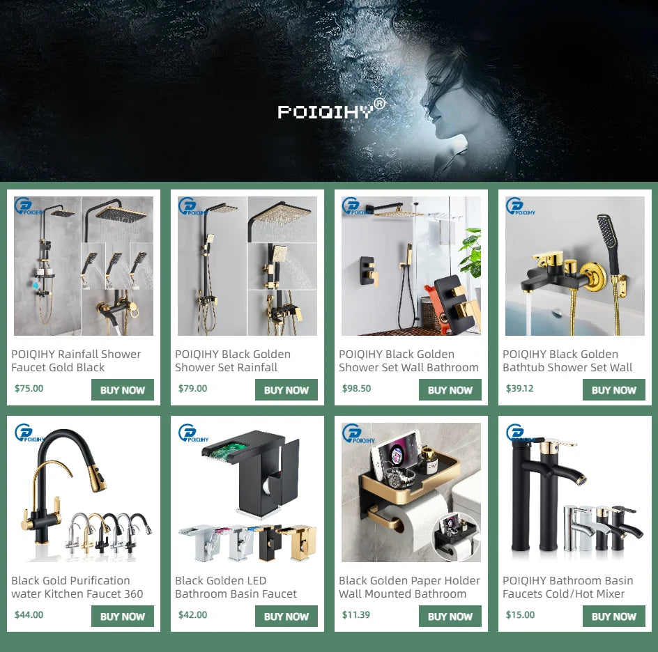 Black Bathroom Shower Panel Column Golden Rain Waterfall Shower Faucet Bidet Sprayer Tap SPA Massage Jet LED Bath Shower Set