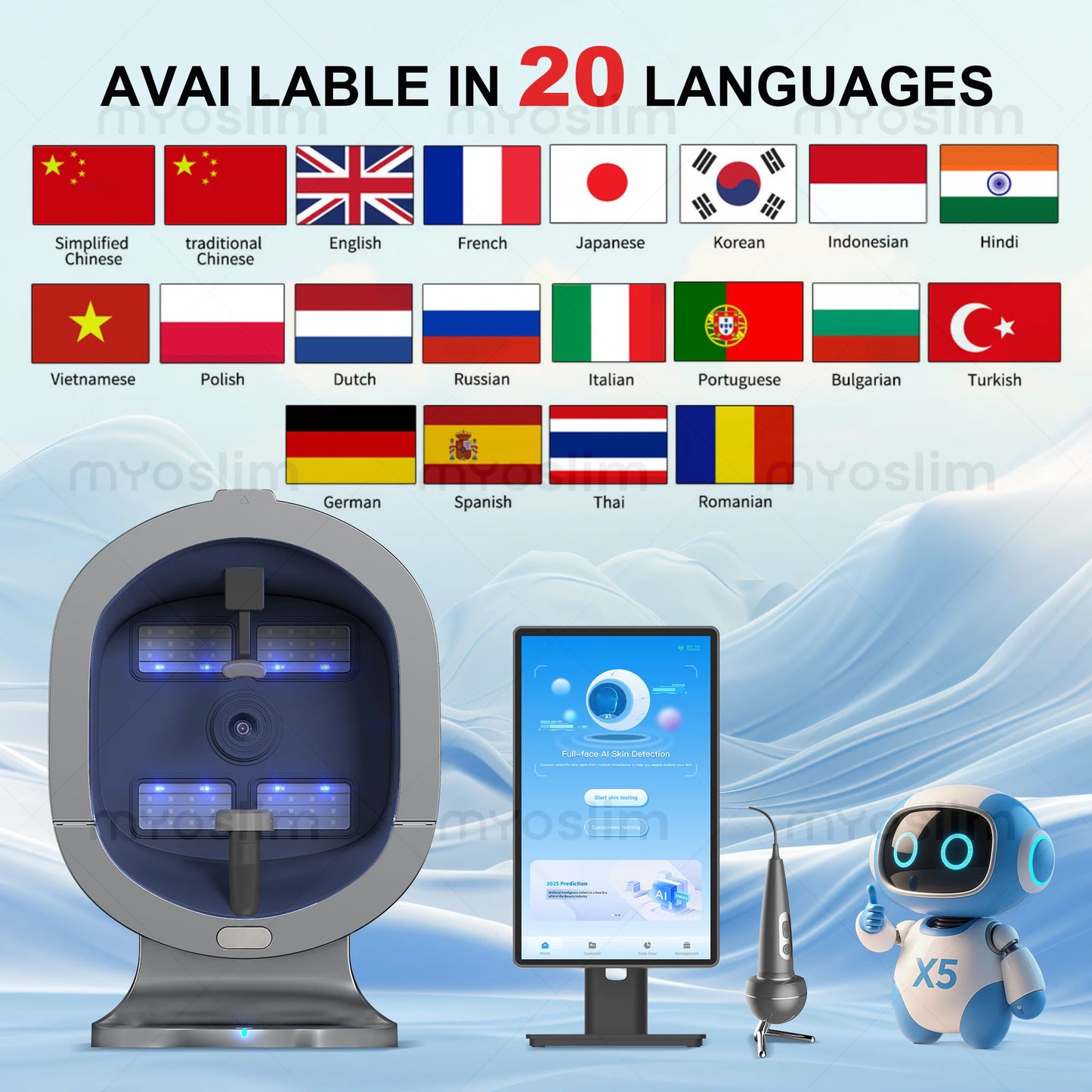 X5 3D Ai Skin Image Analyzer 21.5 inch High Definition Pixels Whole Facial Scanning Multi Spectrum Moisture Scalp Detection CE