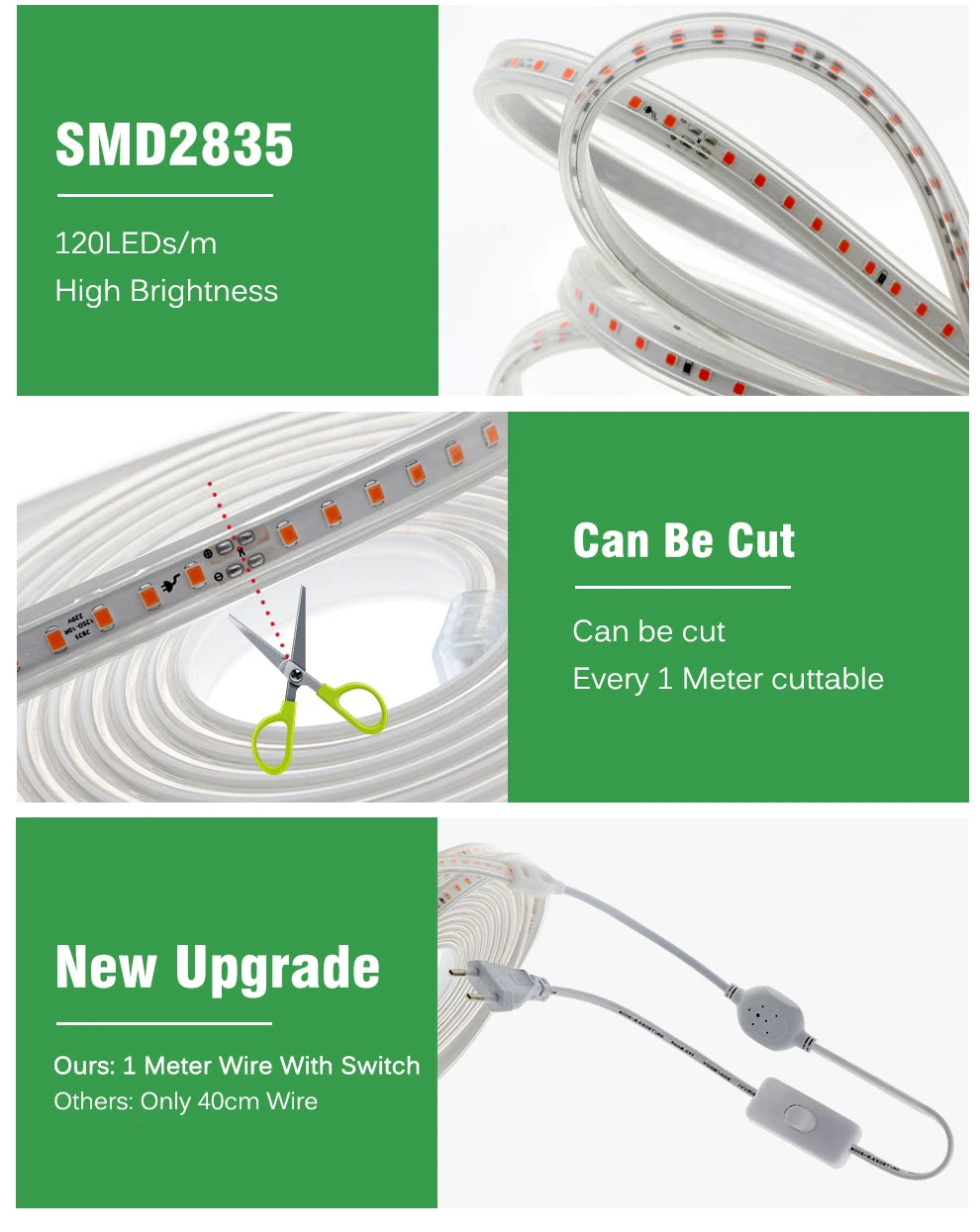 Grow Light Strips Full Spectrum 220V Phyto Lamp Waterproof LED Strips Plant Light for Flower Seedling Grow Tent Hydroponic 1-20m