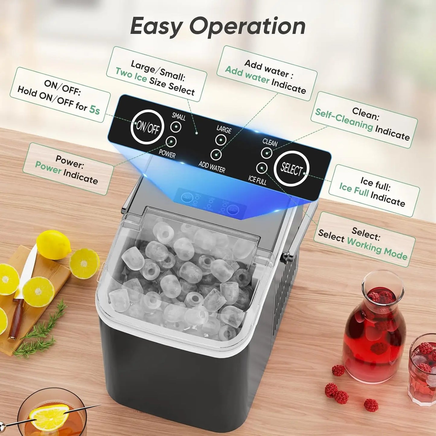 Portable Ice Maker, 26lbs/24H, 9 Cubes in 6 Mins, Self-Cleaning & Quiet for Home, Kitchen, RV, Camping
