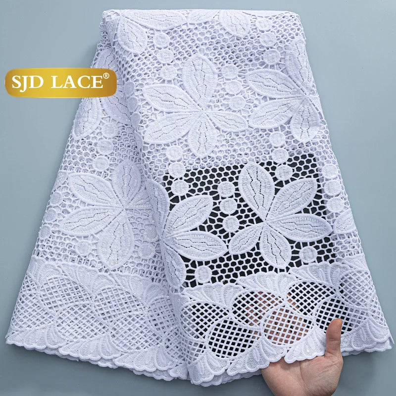 SJD LACE African Sequins Guipure Cord Lace Fabrics 5 Yards White 2026 New Nigerian Water Soluble Lace For Women Dresses Sew 4197