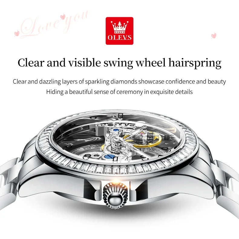 OLEVS 6699 Automatic Mechanical Women's Watch Transparent 40mm Big Dial Design Bracelet Watch Set Gift Luxury Watch for Women