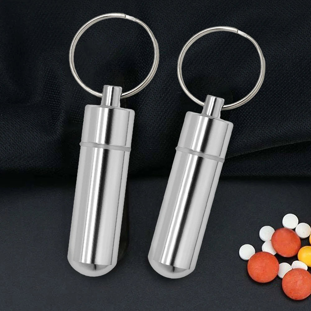 Keychain Pill Box Case Bottle Portable Waterproof Elderly First Aid Pill Case Aluminum Alloy for Outdoor Travel Camping