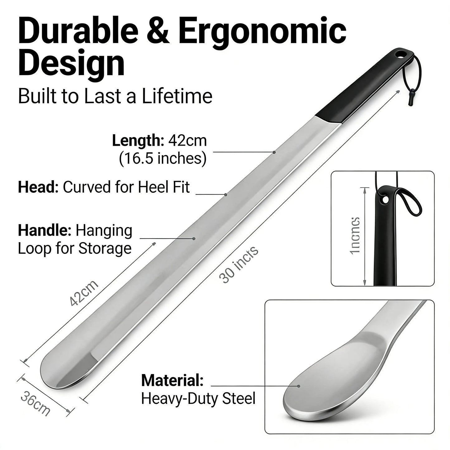 Long Handle Shoe Horn Set of 2, 13 & 16 Inch, High Quality Metal with Ergonomic Handle, Makes Putting on Shoes Effortless
