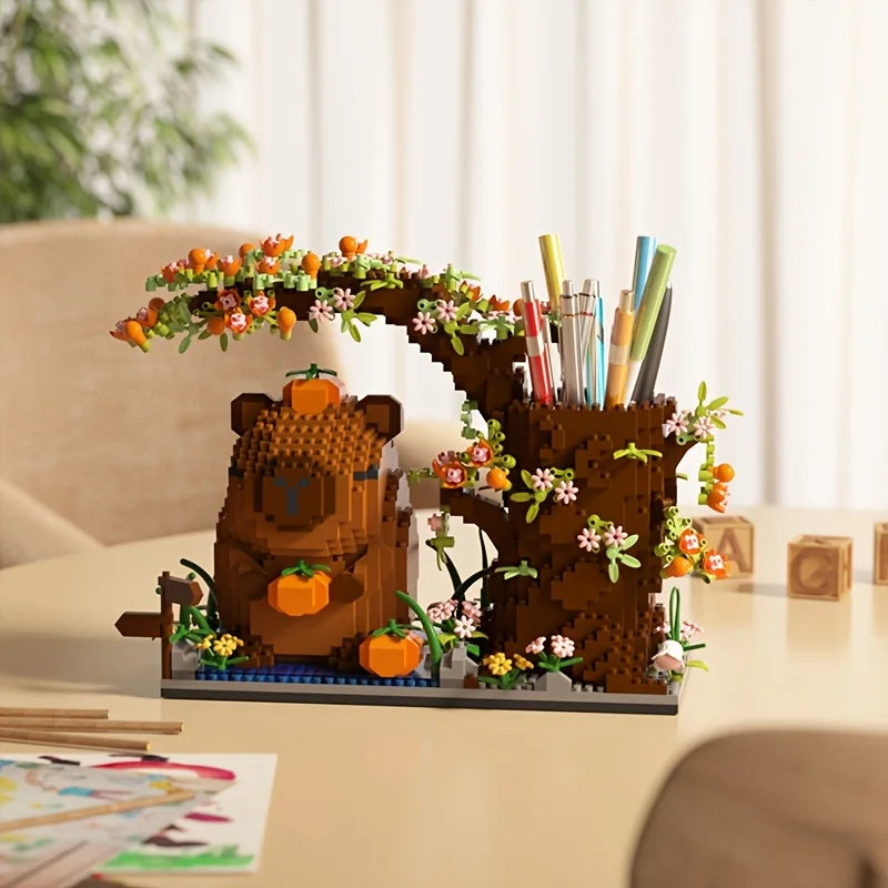 Capybara Building Block Pen Holder Panda Desk Organizer for Office Supplies Cosmetics Birthday Gift Desktop Decoration