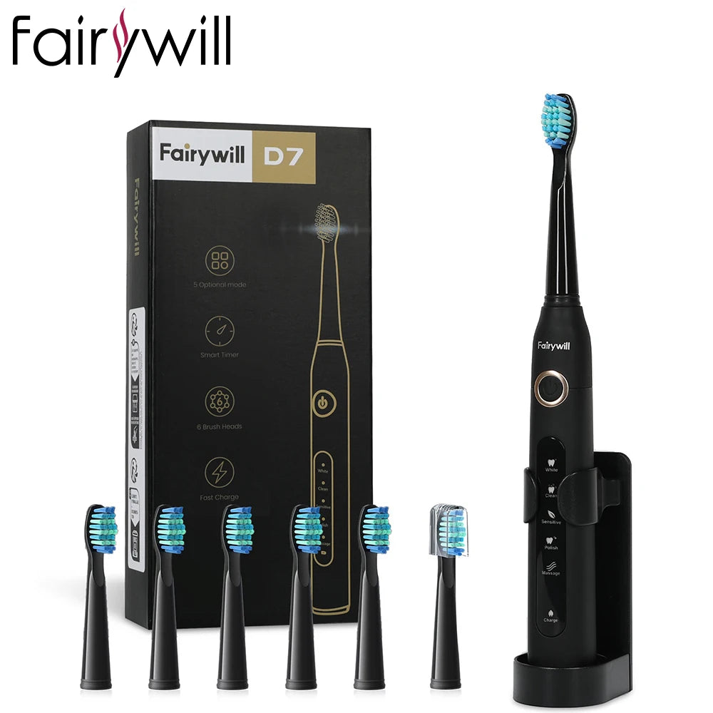 Fairywill Electric Sonic Toothbrush FW-D7 USB Charge Rechargeable Adult Waterproof Electronic Tooth Brushes Replacement Heads