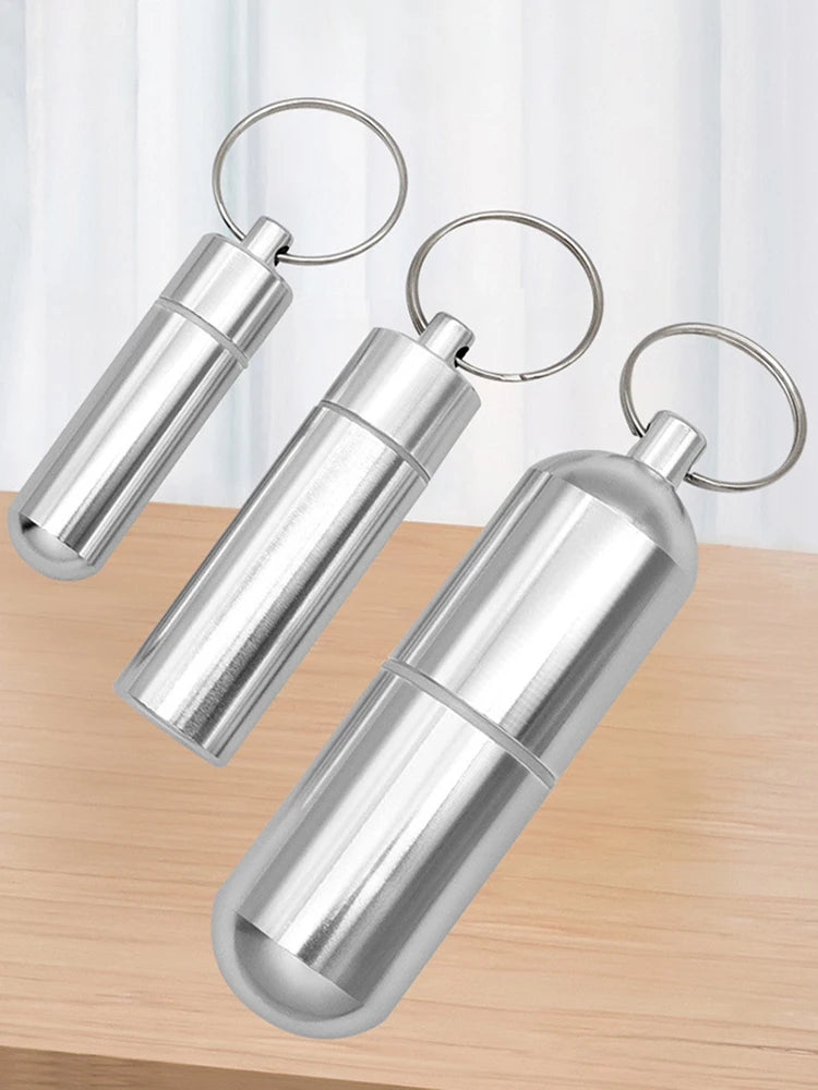 Keychain Pill Box Case Bottle Portable Waterproof Elderly First Aid Pill Case Aluminum Alloy for Outdoor Travel Camping