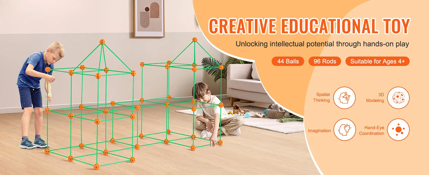 SucceBuy Fort Building Kit Children's DIY Indoor Castle Beading Stem with 96 Rods and 44 Balls Play Tent Toy for 4+ Kids Gifts