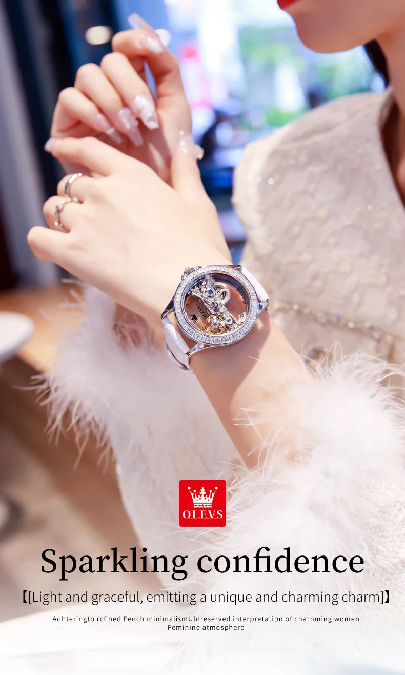 OLEVS 6699 Automatic Mechanical Women's Watch Transparent 40mm Big Dial Design Bracelet Watch Set Gift Luxury Watch for Women