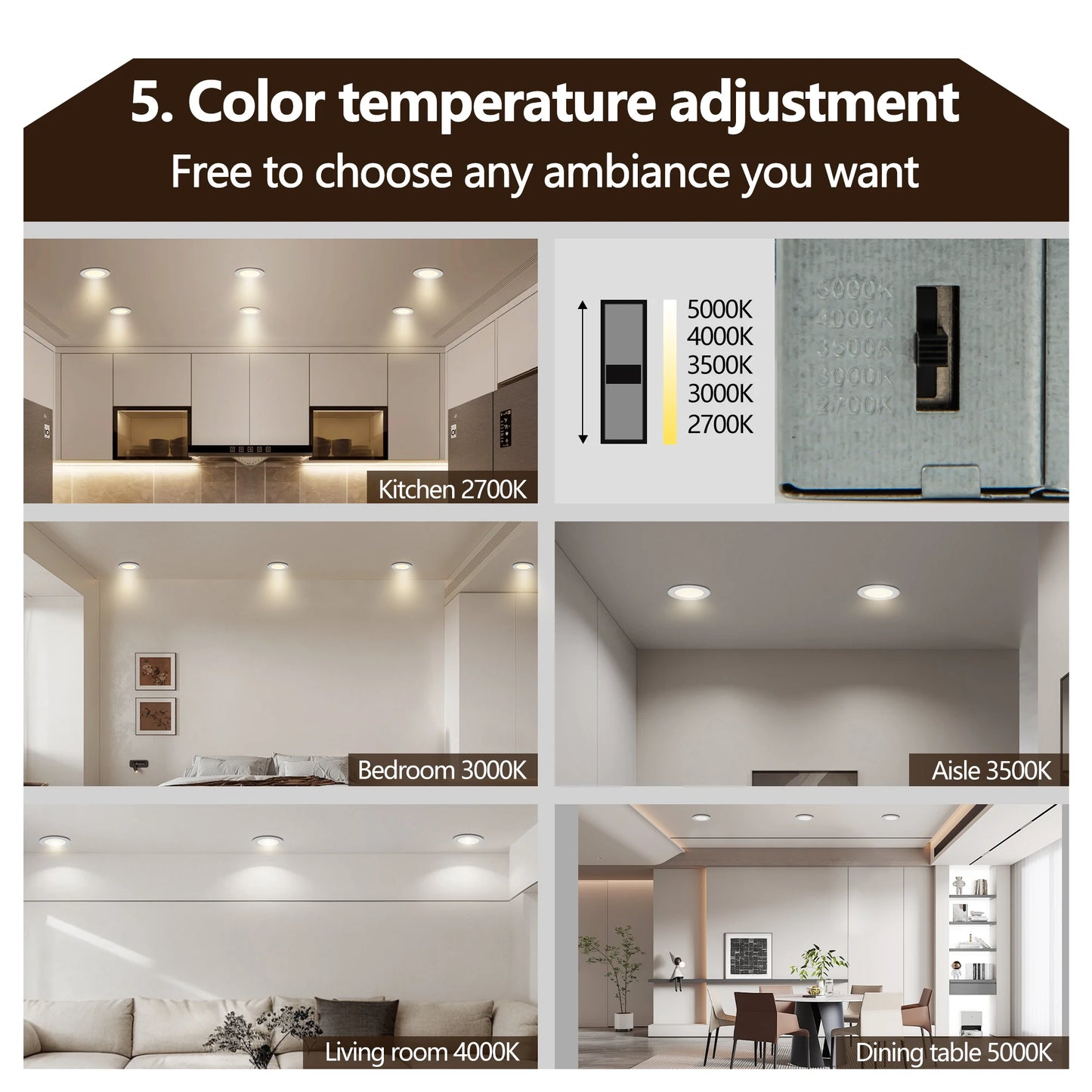 12-Pack LED Recessed Lights with Junction Box, Dimmable Downlights, 3000K-5000K Adjustable Color, Energy-Efficient Ceiling Light