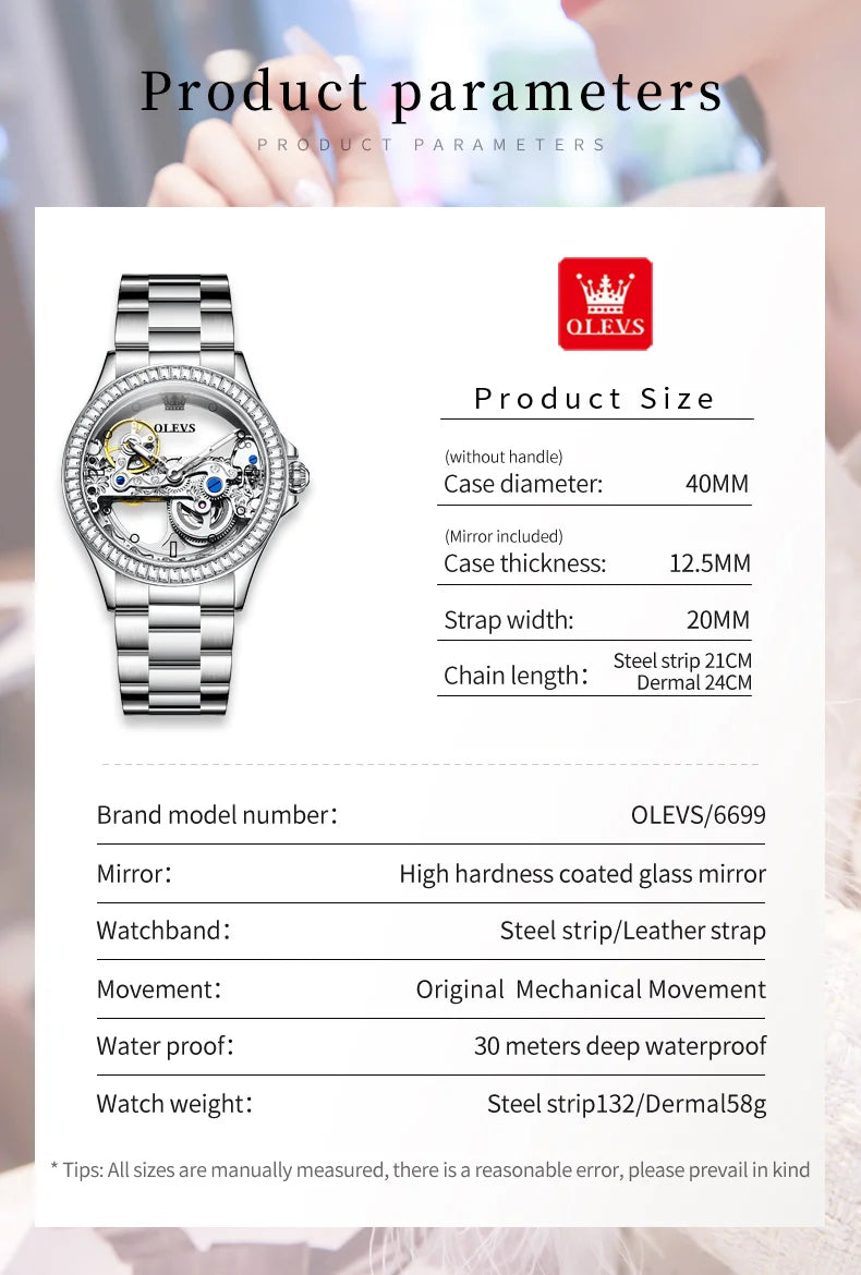 OLEVS 6699 Automatic Mechanical Women's Watch Transparent 40mm Big Dial Design Bracelet Watch Set Gift Luxury Watch for Women