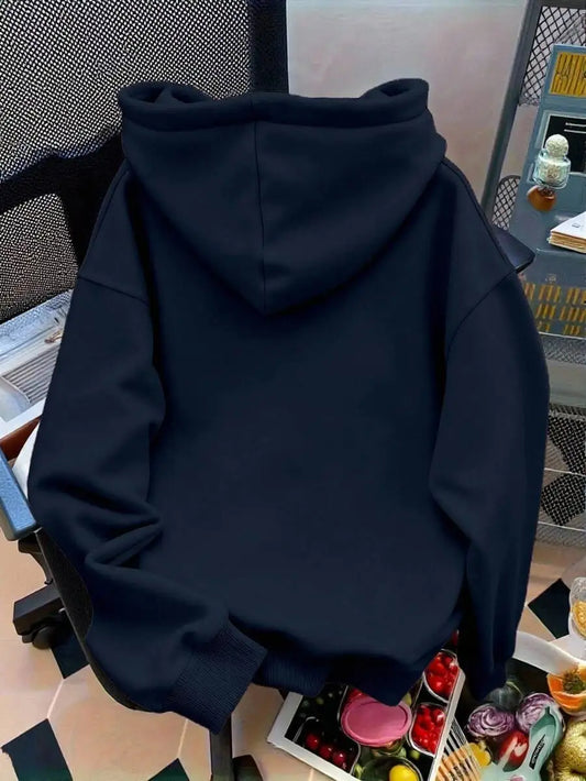Navy Blue Oversized Hoodie with White Bow Embroidery for Women