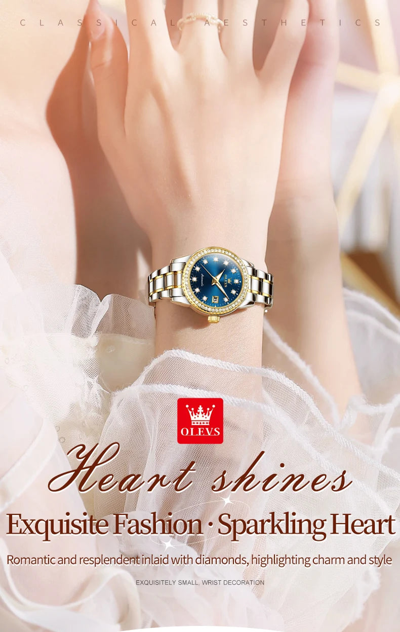 OLEVS Automatic Watch for Women Diamond Gold Luxury Stainless steel Elegant Original Women's Automatic Watch Necklace Gift Set