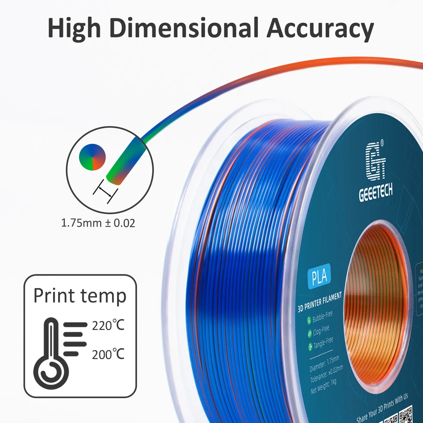 Geeetech 5Kg Three Tri Color Silk PLA Filament , 3D Filament 1,75 mm Spool Wire  (+/-0.03mm) Vacuum packaging, special color