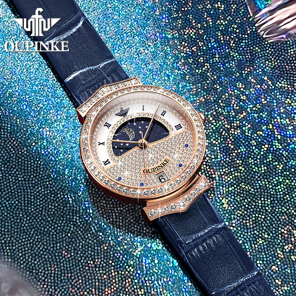 OUPINKE 3216 Woman Watch Waterproof Roman Scale Moon Phase Quartz Watch For Women Luxury Original Diamond Date Ladies Hand Clock