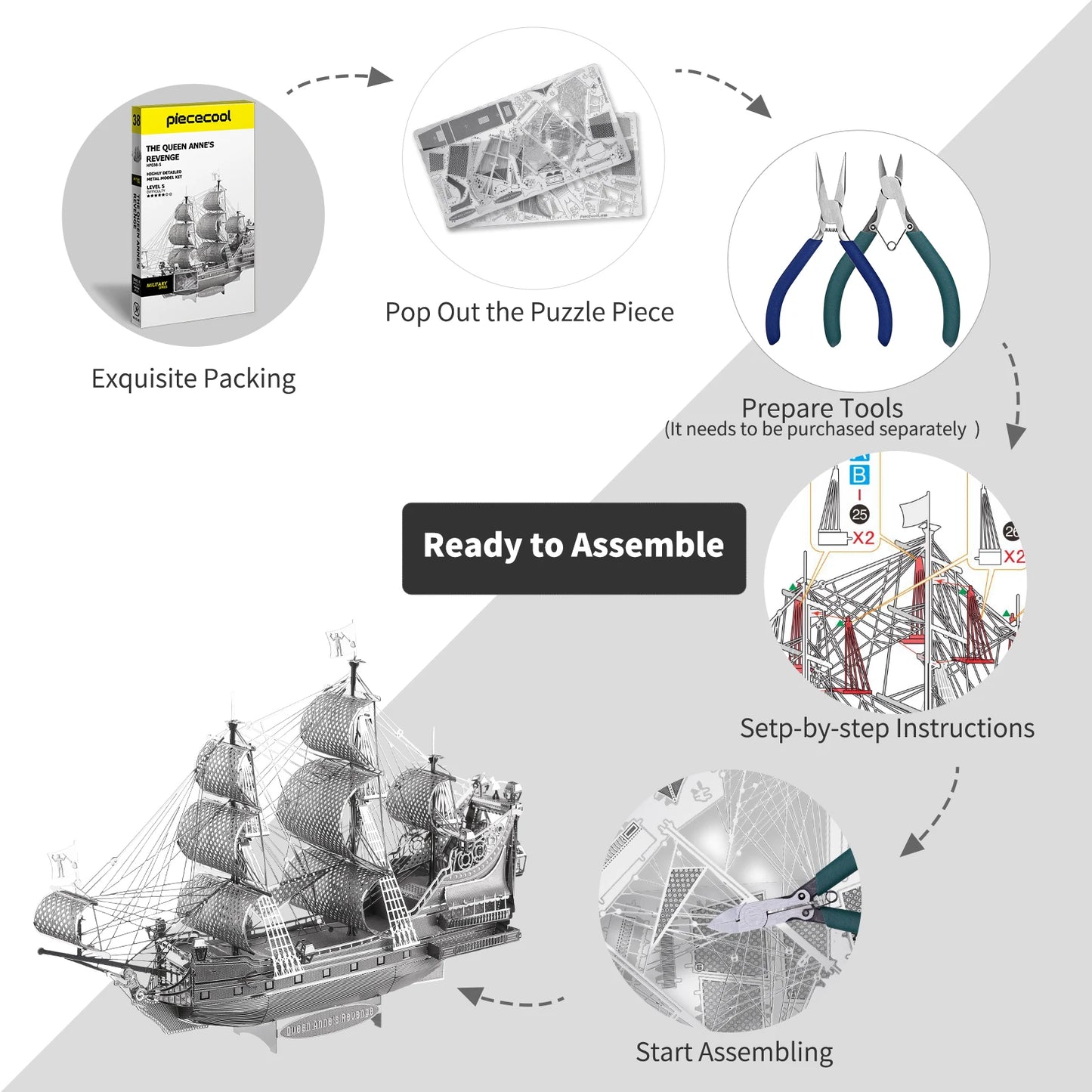 Piececool Model Building Kits The Queen Anne's Revenge 3D Metal Puzzle DIY Toys Jigsaw Home Decoration Gifts for Teens