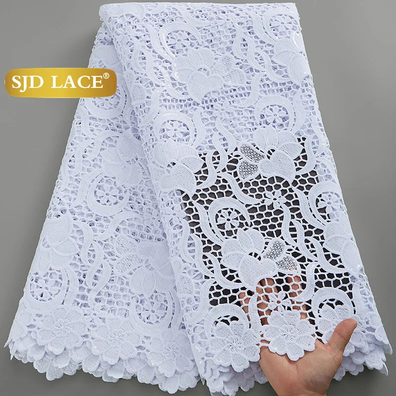 SJD LACE African Sequins Guipure Cord Lace Fabrics 5 Yards White 2026 New Nigerian Water Soluble Lace For Women Dresses Sew 4197