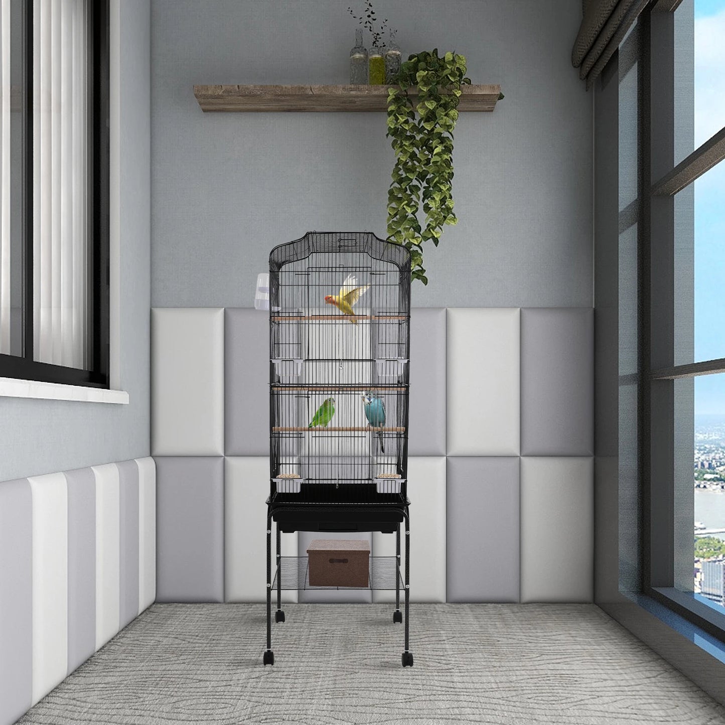 Large Bird Cage with Stand & Wheels, 47x37x137cm Flight Cage for Cockatiels Parrots Finches with Lockable Door (White/Black))