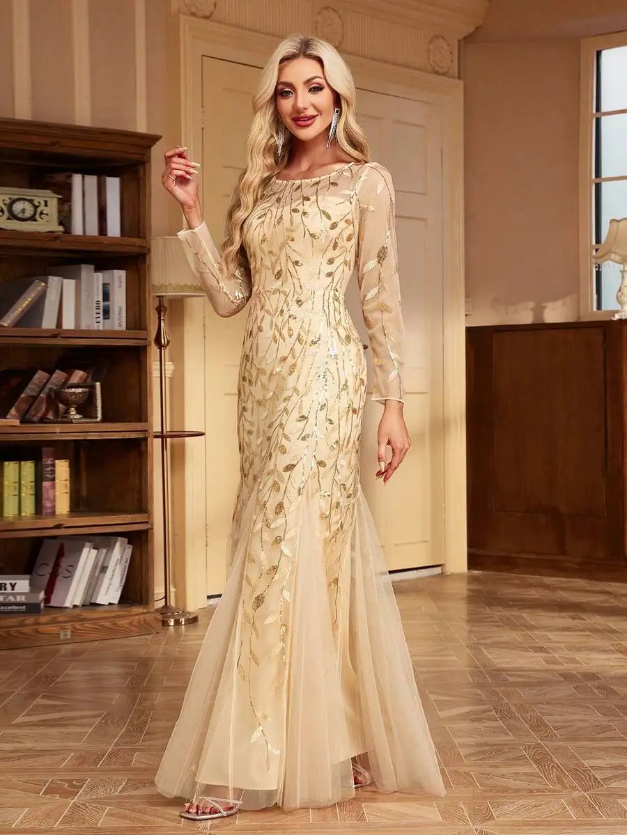 Elegant Gold Sequin Embroidered Mesh Mermaid Evening Dress for Prom Wedding Guest