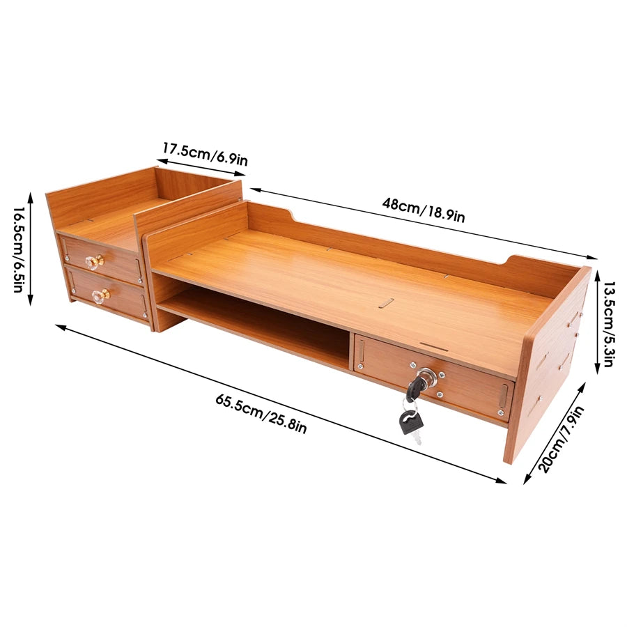 Computer Monitor Stand, Wooden Desk Organizer with Drawers Office Supplies Computer Desktop Tabletop