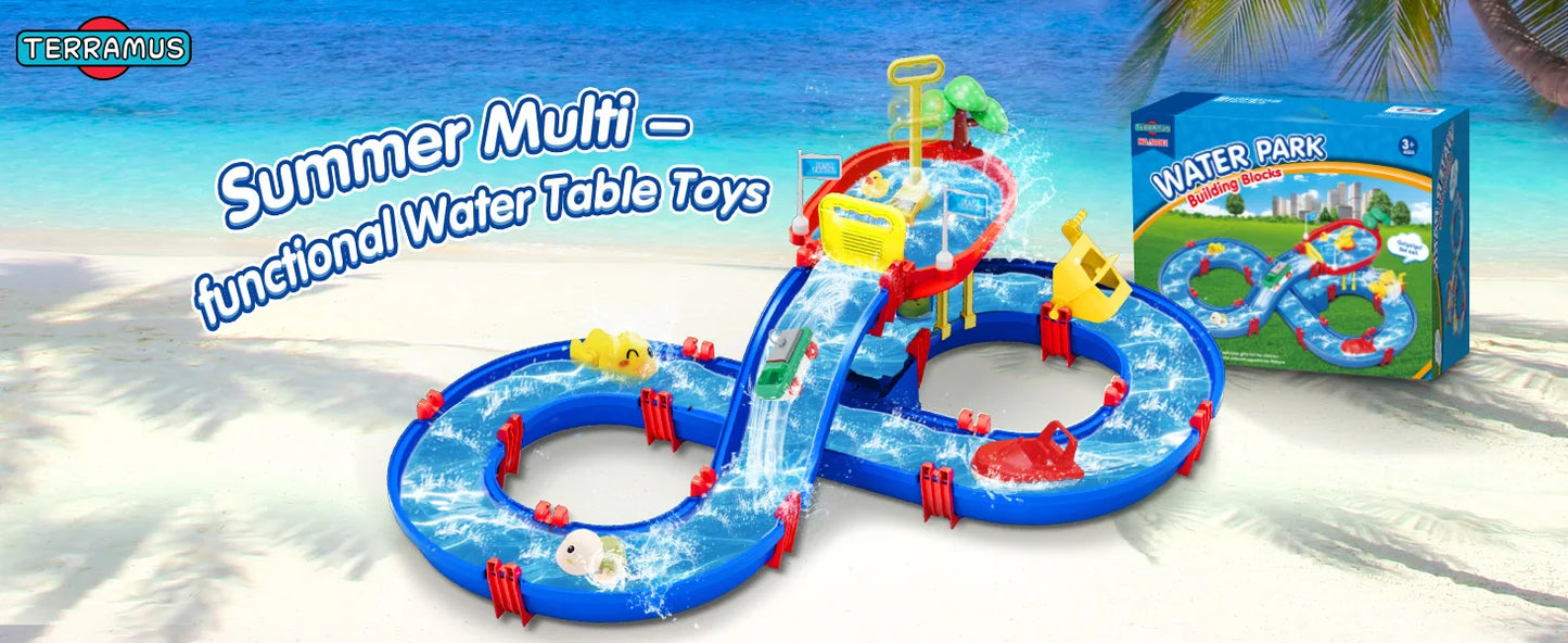 VATOS Summer Outdoor Kids Water Table 2-Tier Toddlers Water Table Playset Pool Waterway Toy with Pump Outside Activity Kids Fun